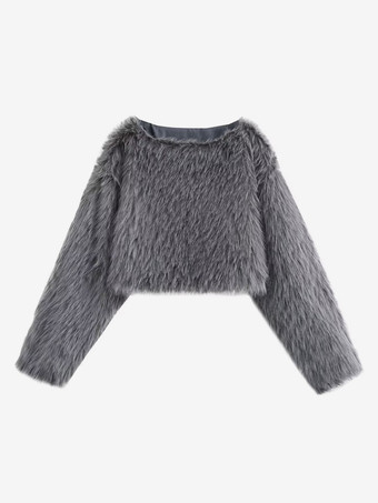 Cozy Faux Fur Crop Tops Crew Neck Long Sleeve Spring Casual Tops For Women 2025
