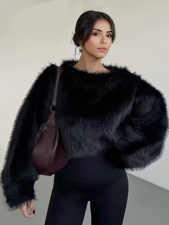 Black Cozy Faux Fur Crop Tops Crew Neck Long Sleeve Spring Casual Tops For Women 2025