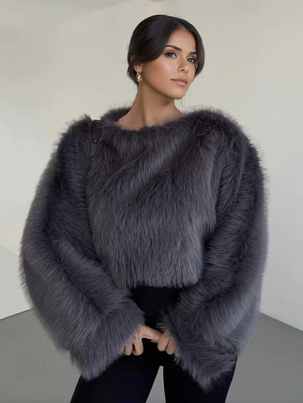 GrayCozy Faux Fur Crop Tops Crew Neck Long Sleeve Spring Casual Tops For Women 2025