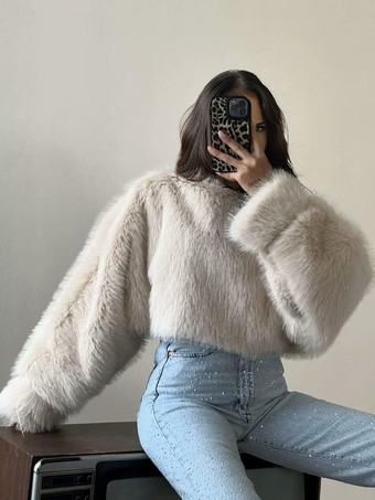 Ecru WhiteCozy Faux Fur Crop Tops Crew Neck Long Sleeve Spring Casual Tops For Women 2025
