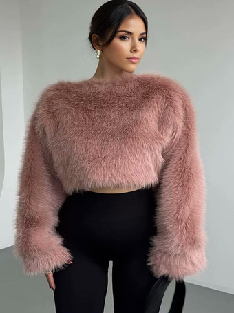 PinkCozy Faux Fur Crop Tops Crew Neck Long Sleeve Spring Casual Tops For Women 2025