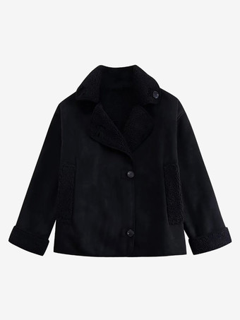 ブラック マイラード調フェイクレザージャケット フェイクシアリングラペル オーバーサイズ 春アウター レディース 2025