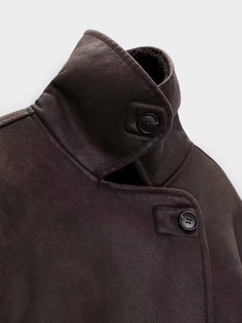 マイラード調フェイクレザージャケット フェイクシアリングラペル オーバーサイズ 春アウター レディース 2025