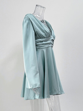 サテン スケーター ドレス ディープ V ネック ロング ベル スリーブ プリーツ 春 セクシー ミニ スイング ドレス レディース 2025