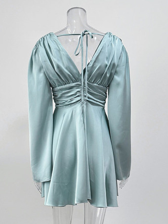 サテン スケーター ドレス ディープ V ネック ロング ベル スリーブ プリーツ 春 セクシー ミニ スイング ドレス レディース 2025