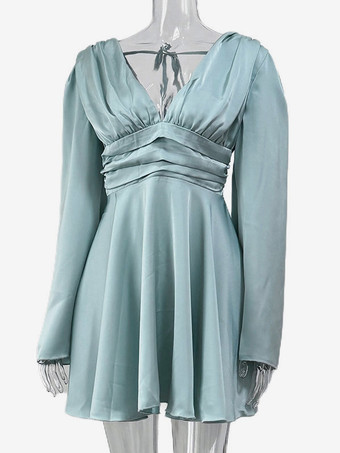 サテン スケーター ドレス ディープ V ネック ロング ベル スリーブ プリーツ 春 セクシー ミニ スイング ドレス レディース 2025