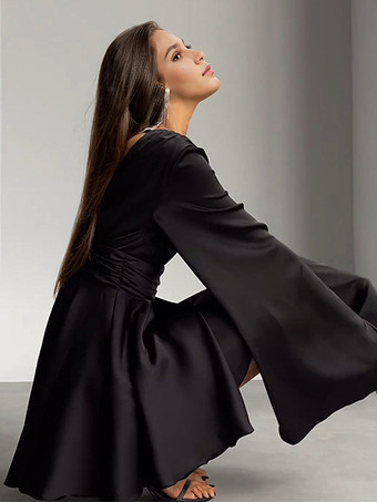 サテン スケーター ドレス ディープ V ネック ロング ベル スリーブ プリーツ 春 セクシー ミニ スイング ドレス レディース 2025