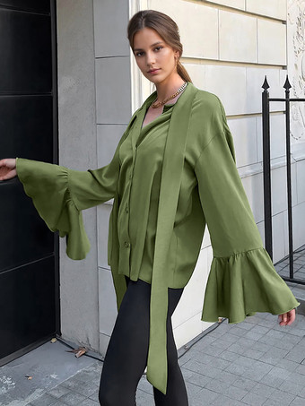 サテンブラウス、タイネック、ベル、長袖、春、エレガント、レディースシャツ 2025