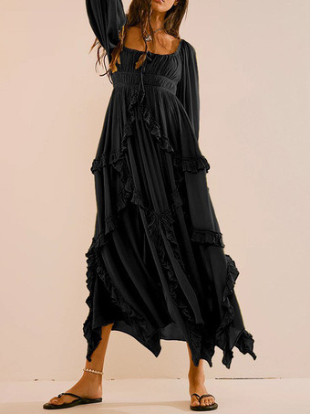 ブラック スリット入りフリルマキシボヘミアンドレス 七分袖 バケーションロングドレス レディース 2025
