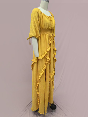 スリット入りフリルマキシボヘミアンドレス 七分袖 バケーションロングドレス レディース 2025