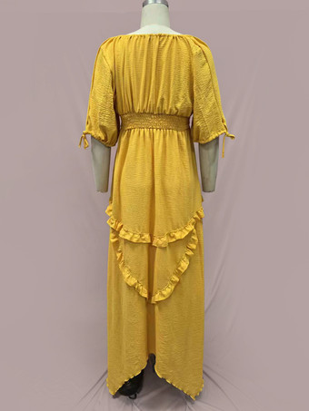 スリット入りフリルマキシボヘミアンドレス 七分袖 バケーションロングドレス レディース 2025