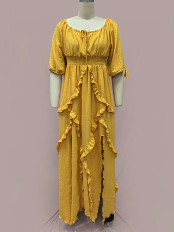 スリット入りフリルマキシボヘミアンドレス 七分袖 バケーションロングドレス レディース 2025