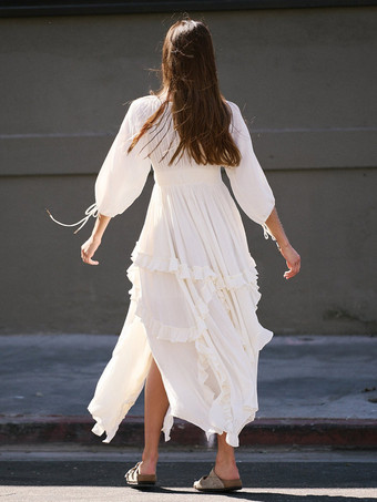 スリット入りフリルマキシボヘミアンドレス 七分袖 バケーションロングドレス レディース 2025