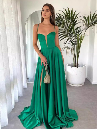 グリーンのマキシパーティードレス、バックレースアップ、ハイスリットスパゲッティストラップ、フロアレングスのフォーマルロングドレス、レディース用 2025