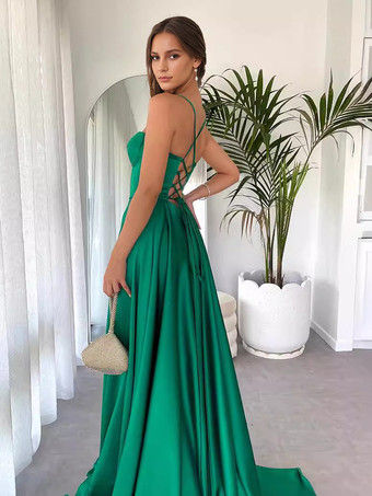 グリーンのマキシパーティードレス、バックレースアップ、ハイスリットスパゲッティストラップ、フロアレングスのフォーマルロングドレス、レディース用 2025