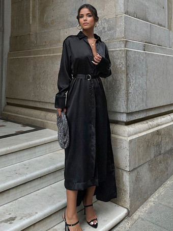 ベルト付きサテンシャツドレス ハイローヘム 長袖 エレガントな春ロングドレス レディース 2025