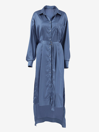 ベルト付きサテンシャツドレス ハイローヘム 長袖 エレガントな春ロングドレス レディース 2025