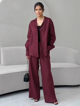ワインレッド レディース向けツーピースコーデセット 長袖シャツとワイドレッグパンツ 春カジュアルコーデ 2025