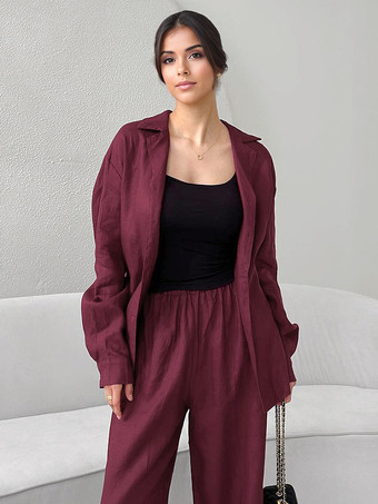 レディース向けツーピースコーデセット 長袖シャツとワイドレッグパンツ 春カジュアルコーデ 2025