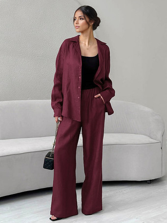 レディース向けツーピースコーデセット 長袖シャツとワイドレッグパンツ 春カジュアルコーデ 2025