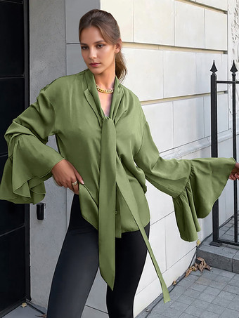 グリーン サテンブラウス、タイネック、ベル、長袖、春、エレガント、レディースシャツ 2025