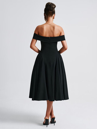 Robe de soirée à épaules dénudées avec détails plissés taille basse robe mi-longue trapèze pour femme 2025