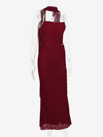 ストラップレスコルセット、メッシュマキシスカート、ネックスカーフのパーティー3ピースコーデセット（レディース2025年）