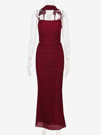 ストラップレスコルセット、メッシュマキシスカート、ネックスカーフのパーティー3ピースコーデセット（レディース2025年）