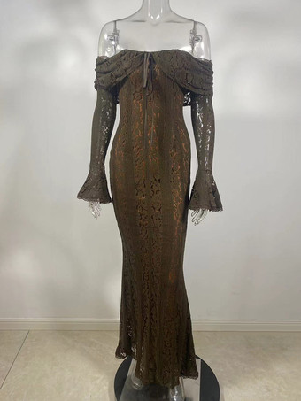 ダークグリーンブラックフローラルレースマキシドレス オフショルダーベル 長袖マーメイドボディコンドレス レディース 2025