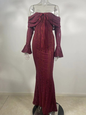 ワインレッド ブラックフローラルレースマキシドレス オフショルダーベル 長袖マーメイドボディコンドレス レディース 2025