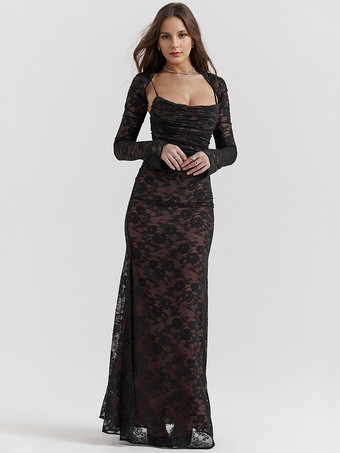 透け感のあるレースのマキシドレス 長袖 スクエアネック マーメイド ボディコン パーティードレス レディース 2025