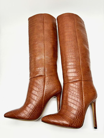 ブラウンのニーハイブーツ ストーン柄 ポインテッドトゥ ハイヒールブーツ レディース