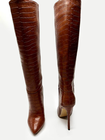 ブラウンのニーハイブーツ ストーン柄 ポインテッドトゥ ハイヒールブーツ レディース