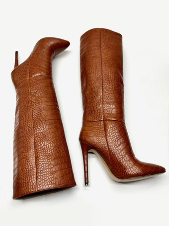 ブラウンのニーハイブーツ ストーン柄 ポインテッドトゥ ハイヒールブーツ レディース