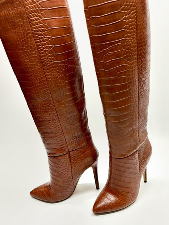 ブラウン ブラウンのニーハイブーツ ストーン柄 ポインテッドトゥ ハイヒールブーツ レディース