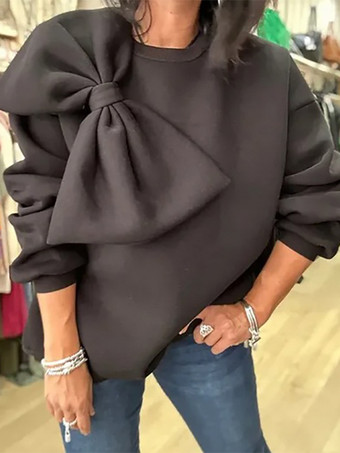 ブラック オーバーサイズ クルーネック スウェットシャツ リボン付き 長袖 無地 春 トップス レディース 2025