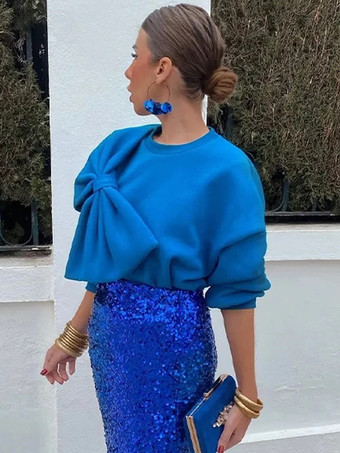 ブルー オーバーサイズ クルーネック スウェットシャツ リボン付き 長袖 無地 春 トップス レディース 2025