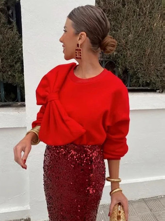 レッド オーバーサイズ クルーネック スウェットシャツ リボン付き 長袖 無地 春 トップス レディース 2025