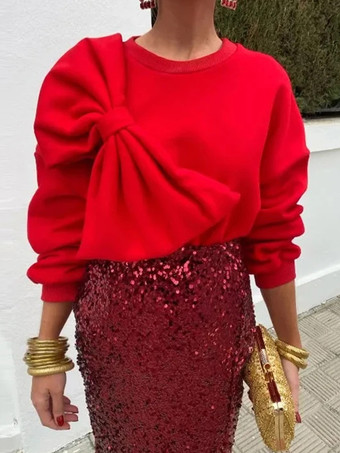 オーバーサイズ クルーネック スウェットシャツ リボン付き 長袖 無地 春 トップス レディース 2025