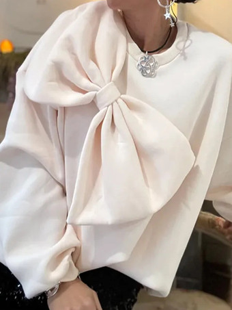 アイボリー オーバーサイズ クルーネック スウェットシャツ リボン付き 長袖 無地 春 トップス レディース 2025