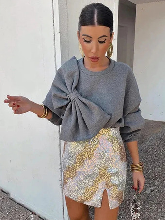 グレイオーバーサイズ クルーネック スウェットシャツ リボン付き 長袖 無地 春 トップス レディース 2025