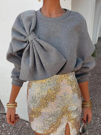 オーバーサイズ クルーネック スウェットシャツ リボン付き 長袖 無地 春 トップス レディース 2025