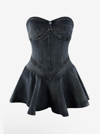 デニム ストラップレス ドレス スウィートハート ネックライン セクシー Aライン ミニ スケーター ドレス 2025