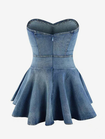 デニム ストラップレス ドレス スウィートハート ネックライン セクシー Aライン ミニ スケーター ドレス 2025
