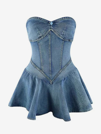 デニム ストラップレス ドレス スウィートハート ネックライン セクシー Aライン ミニ スケーター ドレス 2025