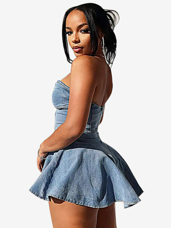 デニム ストラップレス ドレス スウィートハート ネックライン セクシー Aライン ミニ スケーター ドレス 2025