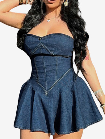 ディープブルーデニム ストラップレス ドレス スウィートハート ネックライン セクシー Aライン ミニ スケーター ドレス 2025