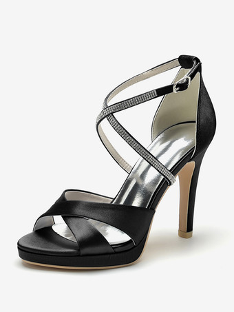 ブラック アイボリーハイヒールウェディングシューズオープントゥラインストーンCirss Corssブライダルシューズ