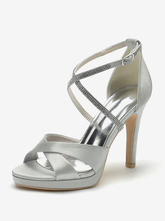 シルバー アイボリーハイヒールウェディングシューズオープントゥラインストーンCirss Corssブライダルシューズ