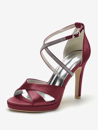 ワインレッド アイボリーハイヒールウェディングシューズオープントゥラインストーンCirss Corssブライダルシューズ